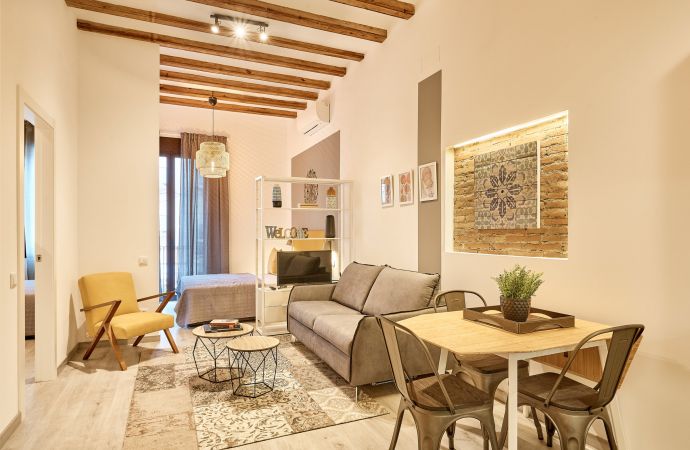15503) Urban District Apartments - Marina Vintage (2BR), Barcelona - Living room with sofa-bed and in loft double bed